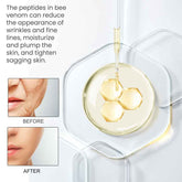 Bee venom peptides being dripped into a clear container with before and after skin images on a white background.