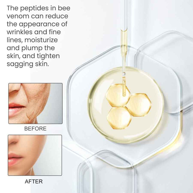 Bee venom peptides being dripped into a clear container with before and after skin images on a white background.