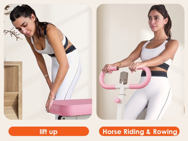 Home fitness squat rowing machine shown in lift-up and horse riding modes for versatile workout options.