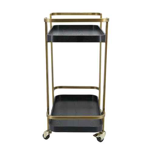 Stylish metal bar cart with gold and black finish, two-tier design, four caster wheels for mobility, modern home or bar decor