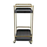 Stylish metal bar cart with gold and black finish, two-tier design, four caster wheels for mobility, modern home or bar decor