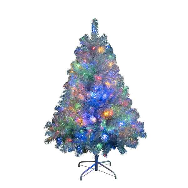 A pre-lit artificial Christmas tree with silver-blue needles and multicolored lights, standing on a black metal stand against a plain white background.