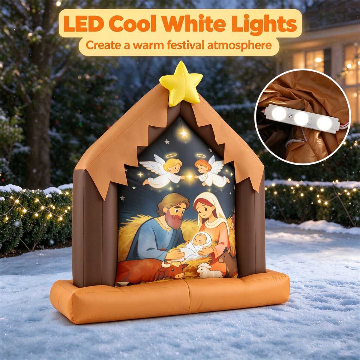 Inflatable nativity scene with built-in LED cool white lights in the yard