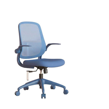 Blue office chair in front of a desk with a light pink wall and wooden floor.