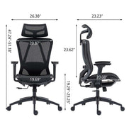Dimensions of high back mesh office chair with adjustable height, armrests, and headrest, ideal for ergonomic office furniture setups.
