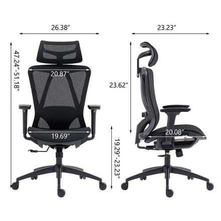 Dimensions of high back mesh office chair with adjustable height, armrests, and headrest, ideal for ergonomic office furniture setups.