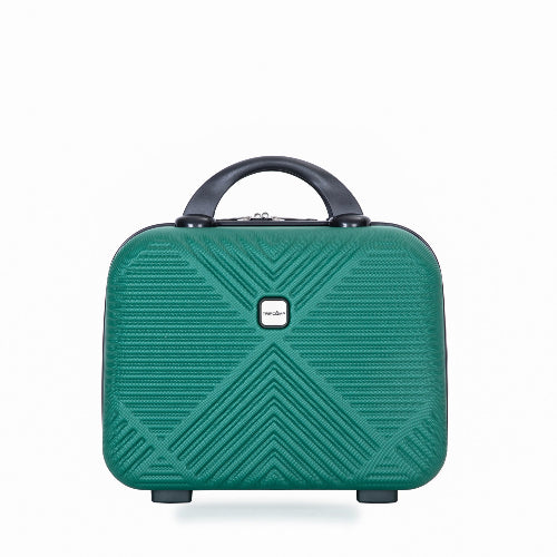 A green hard-shell suitcase with a textured chevron pattern, a black top handle, and a small square brand plaque on the front, shown against a plain white background.