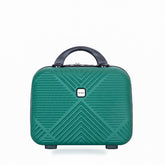 A green hard-shell suitcase with a textured chevron pattern, a black top handle, and a small square brand plaque on the front, shown against a plain white background.