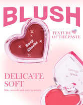Heart-shaped blush compact with pink lid and red blush on a pink background