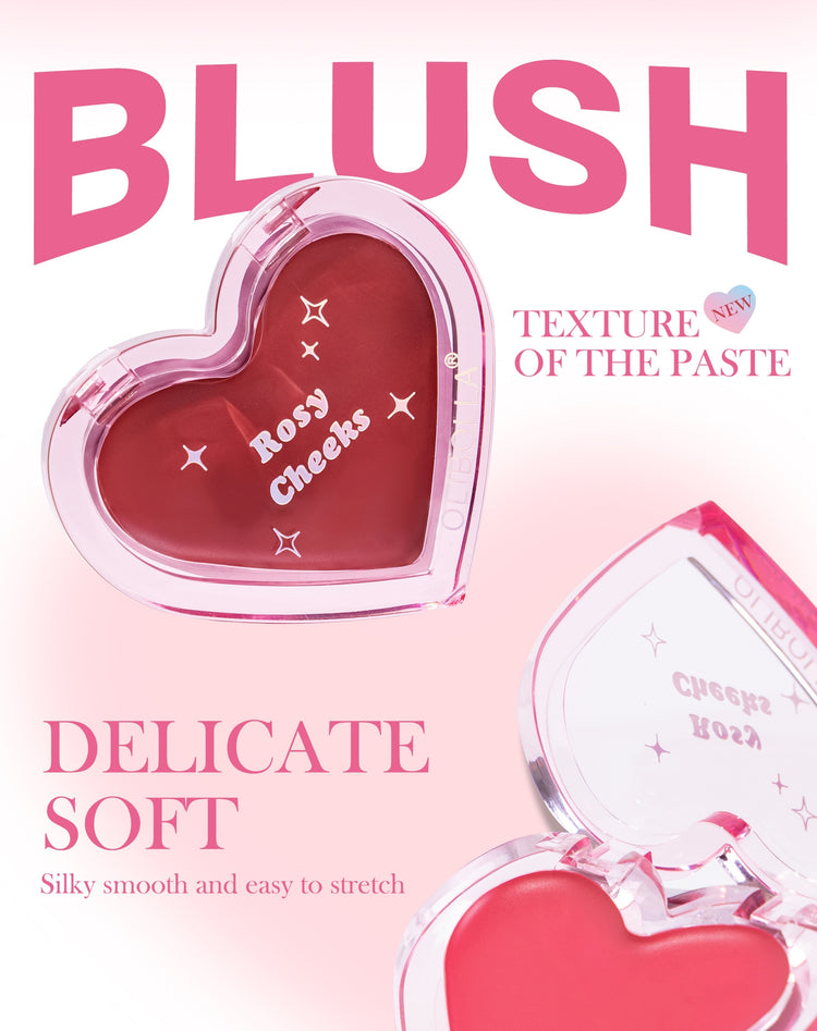 Heart-shaped blush compact with pink lid and red blush on a pink background