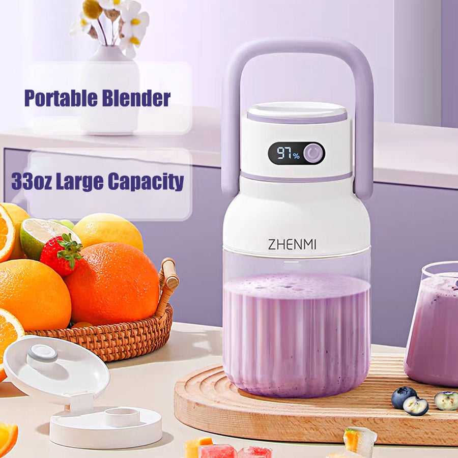 Portable blender on kitchen counter with fresh fruit