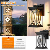 Black outdoor wall light fixture with a warm glowing glass panel and decorative curved metal frame, shown mounted on a wall alongside feature callouts and a comparison table.