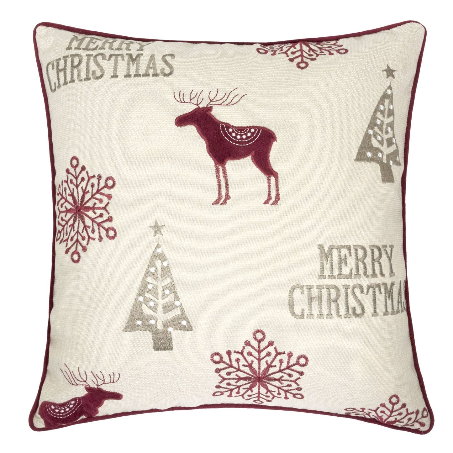Merry Christmas Embroidered Poly Linen Throw Pillow – 20x20' Holiday Cushion with Reindeer, Trees & Snowflakes Default