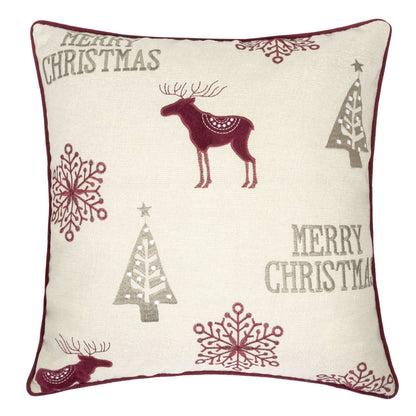 Merry Christmas Embroidered Poly Linen Throw Pillow – 20x20' Holiday Cushion with Reindeer, Trees & Snowflakes Default
