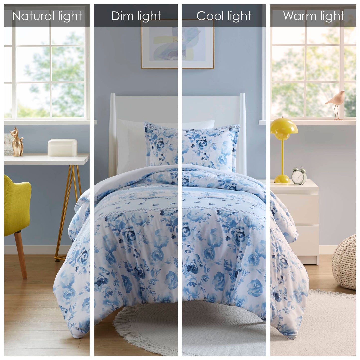 Lighting comparison of Twin Floral Striped Duvet Cover Set - Twin Duvet Cover Set Floral under natural, dim, cool, and warm light settings.