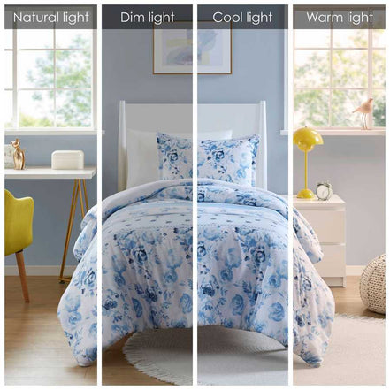 Lighting comparison of Twin Floral Striped Duvet Cover Set - Twin Duvet Cover Set Floral under natural, dim, cool, and warm light settings.
