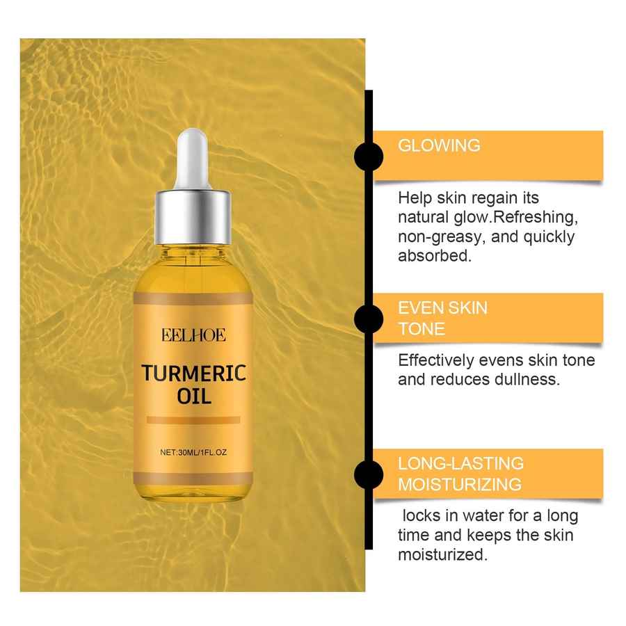 Eelhoe Turmeric Oil bottle with features on a yellow background