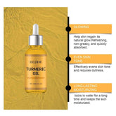 Eelhoe Turmeric Oil bottle with features on a yellow background