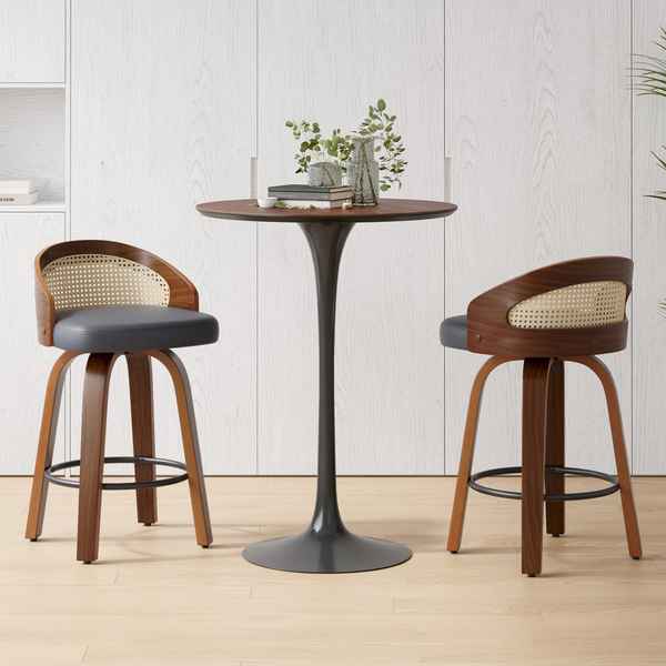 Set of two modern wood frame swivel bar stools with black cushioned seats, curved wooden backrests with cane detailing, and adjustable height for kitchen counter seating.