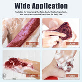 Red scrubber being used on various parts of the body with text indicating its wide application.