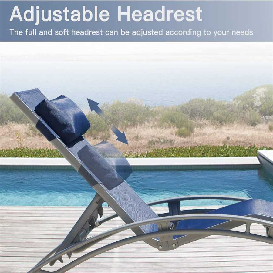 Blue lounge chair with adjustable headrest by a poolside