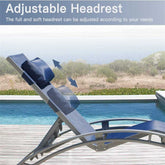 Blue lounge chair with adjustable headrest by a poolside
