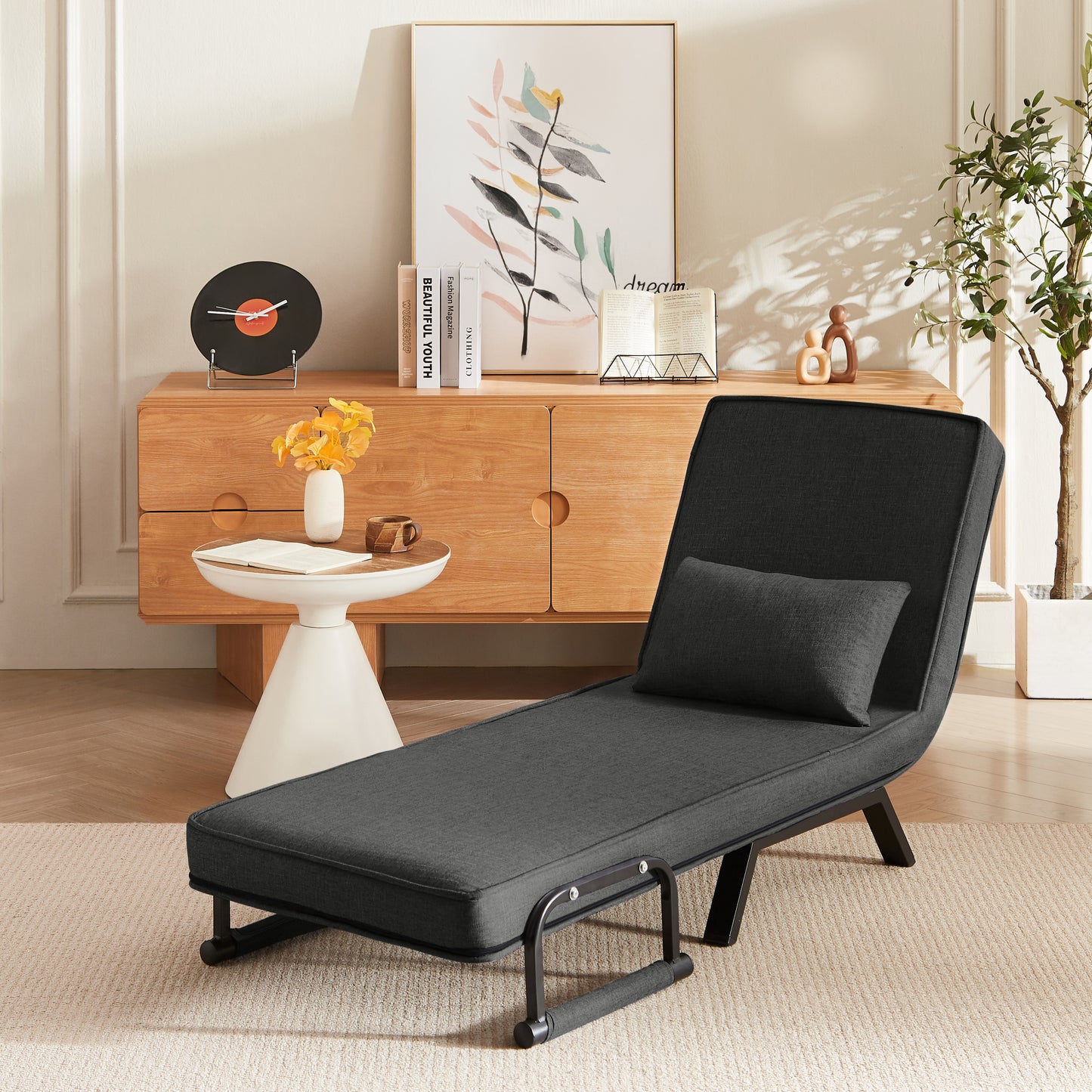 Convertible Sofa Bed Chair reclined into a chaise lounge position, perfect for relaxing or reading in tight spaces.