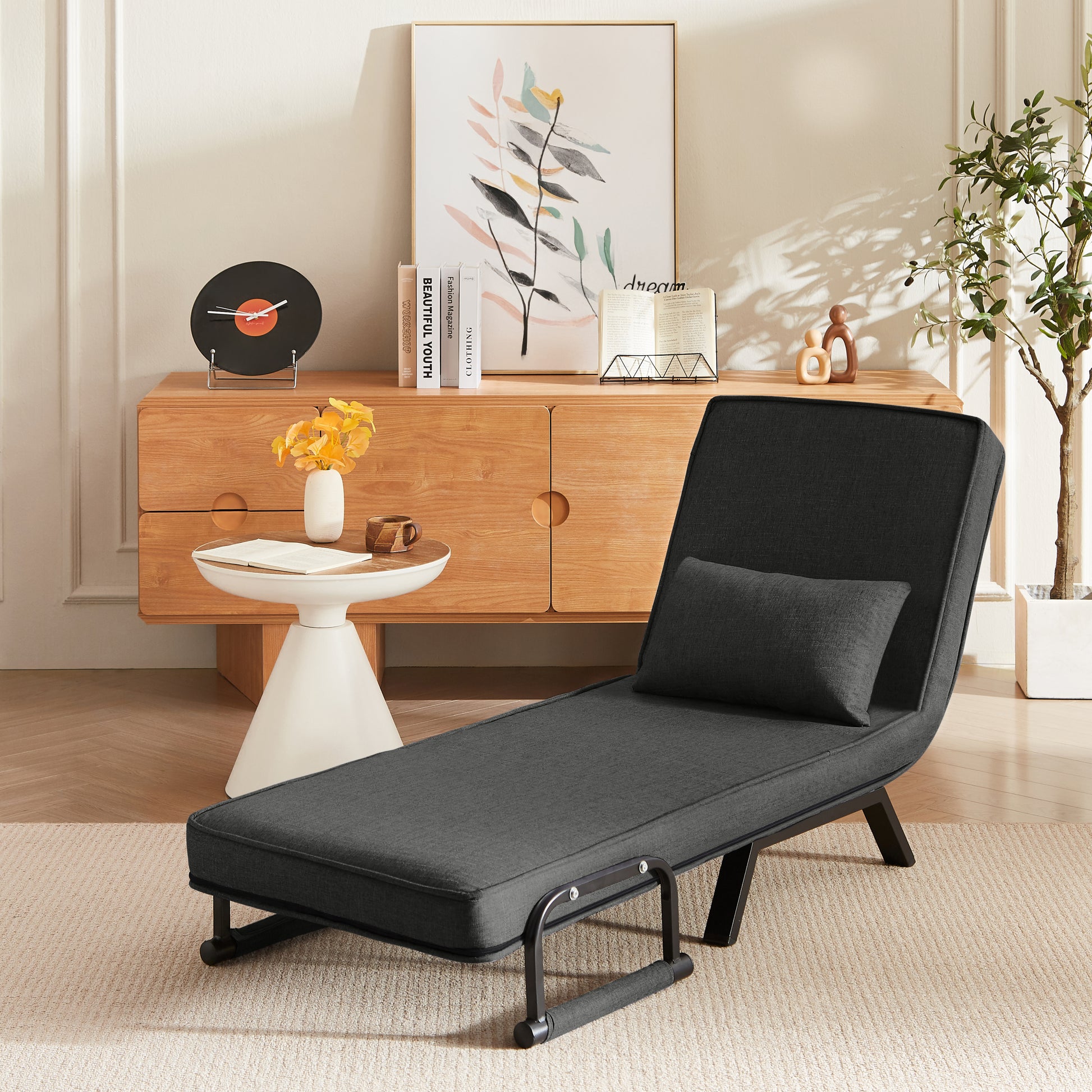 Convertible Sofa Bed Chair reclined into a chaise lounge position, perfect for relaxing or reading in tight spaces.