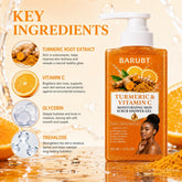 Barubt Turmeric & Vitamin C Moisturizing Skin Scrub Shower Gel bottle shown on a warm orange and gold background with ingredient callouts and a small model photo on the label.