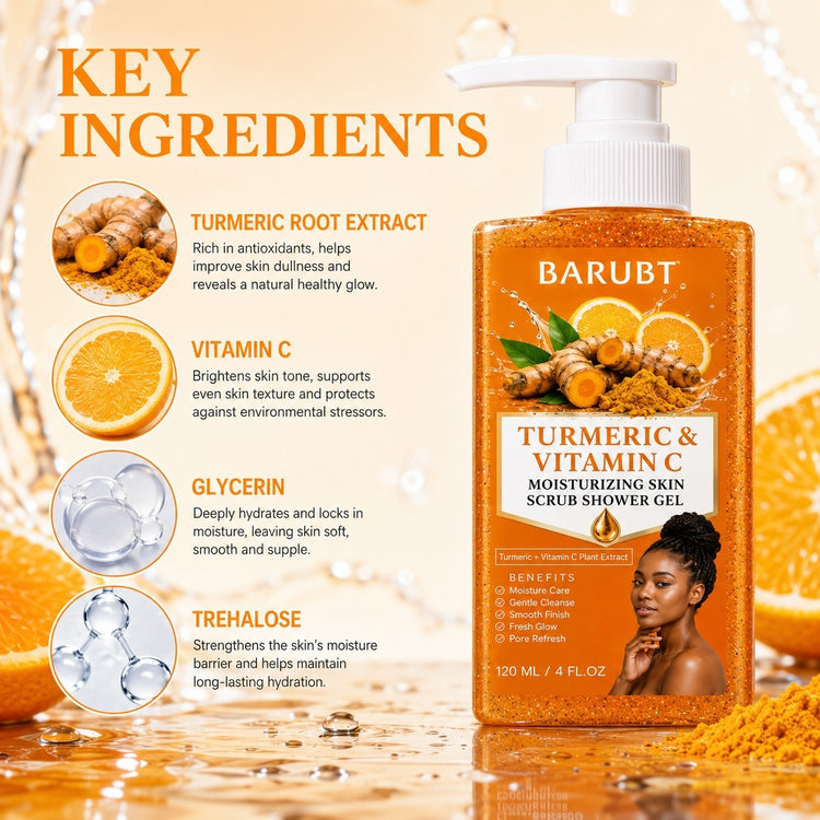 Barubt Turmeric & Vitamin C Moisturizing Skin Scrub Shower Gel bottle shown on a warm orange and gold background with ingredient callouts and a small model photo on the label.