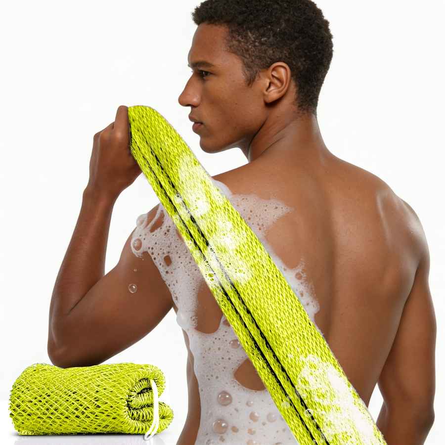 Man using a green loofah on a white background