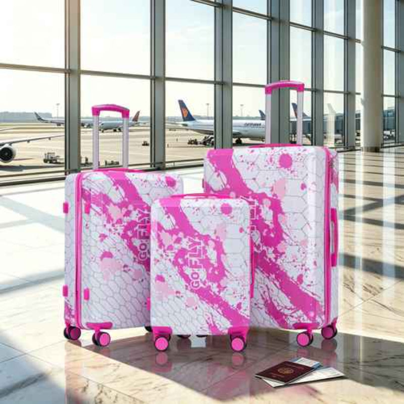 Set of three pink and white printed spinner luggage suitcases in 20, 24, and 28 inches with wheels, handle, and lock at airport terminal