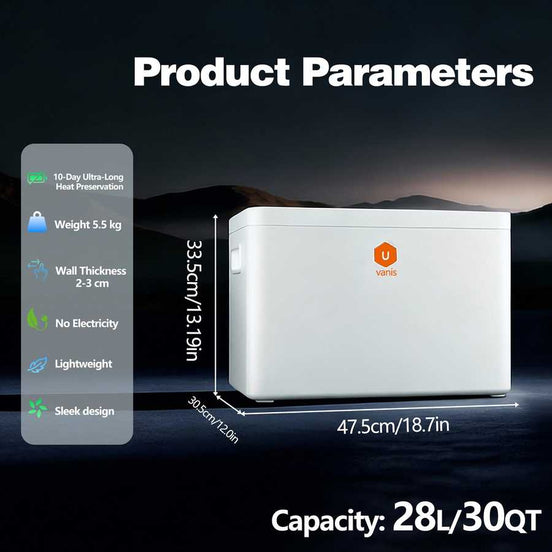 White refrigerator with product parameters displayed on a dark background