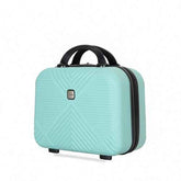 Mint green suitcase with black handle and wheels on a white background