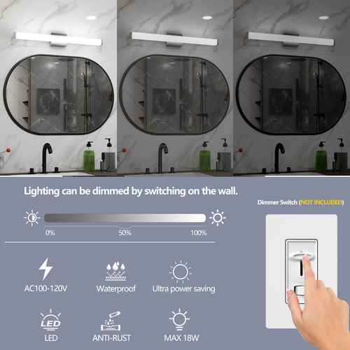 Three bathroom vanity light panels shown above a feature infographic on a gray background. The top section shows three mirrors lit by a rectangular LED light fixture mounted above round mirrors.
