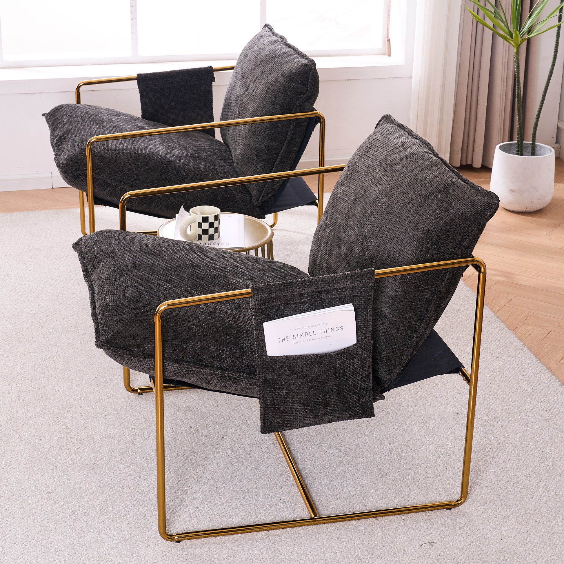 2 Chairs in 1 Box, Upholstered Hanging Armchair with Arm Pockets Metal frame, gold-plated craftsmanship, crushed foam cushions and skin-friendly woven fabric for living room and bedroom. Dark Gray