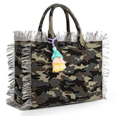 Camouflage-patterned tote bag with fringe details and a colorful tassel on a white background