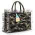 Camouflage-patterned tote bag with fringe details and a colorful tassel on a white background
