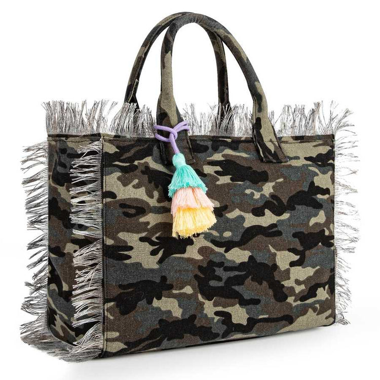 Camouflage-patterned tote bag with fringe details and a colorful tassel on a white background
