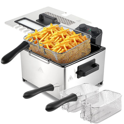 5L Deep Fryer with Basket, 1700W Electric Deep Fryer with Time & Temperature Control for Home Use, 3 Frying Baskets, Lid with View Window and Odor Free Filter, Stainless Steel, Dishwasher Safe Default