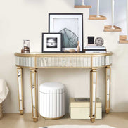 Half-Moon Mirrored Console Table styled under staircase with framed art and modern decor, ideal for compact entryway spaces.