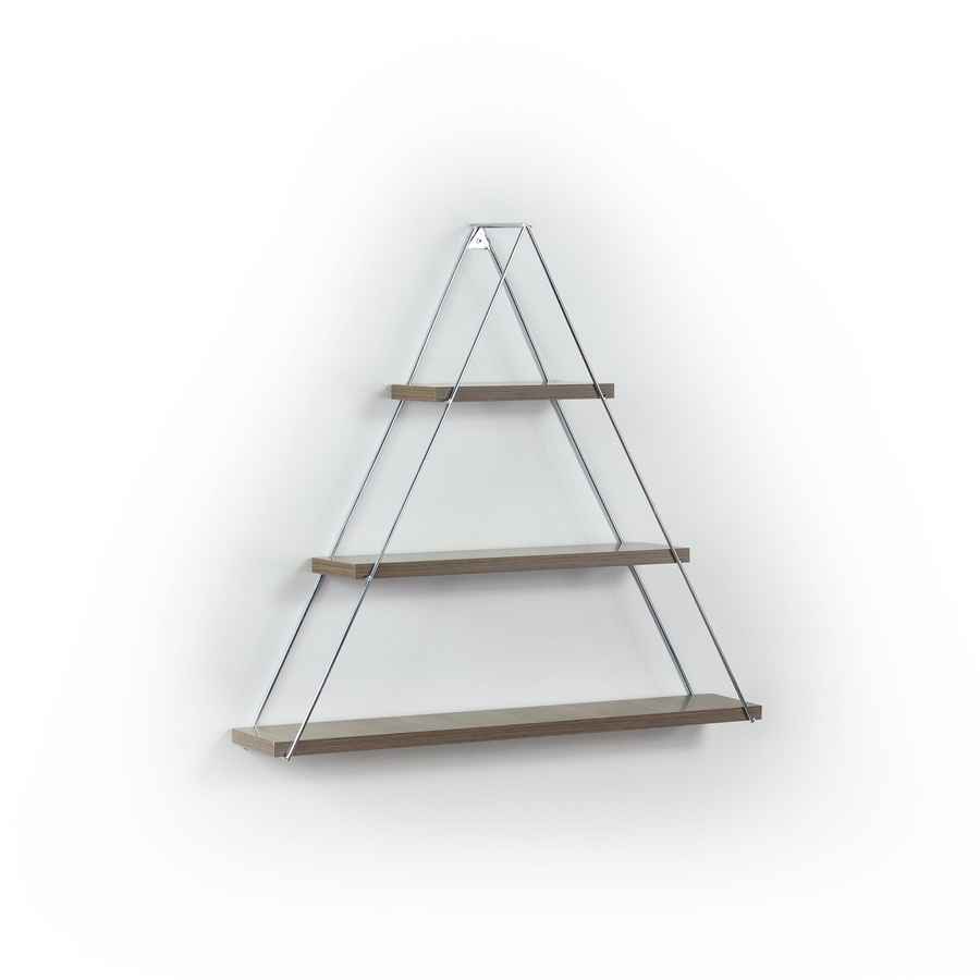 Triangular wall shelf with glass back on a white background