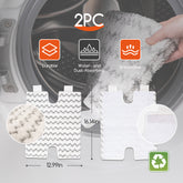Two white filter pads with text and icons indicating features, placed in front of a washing machine.