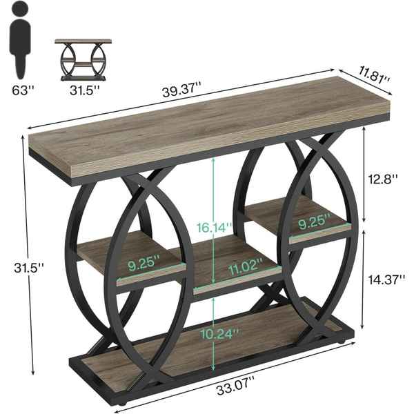 Console table with dimensions labeled on a white background