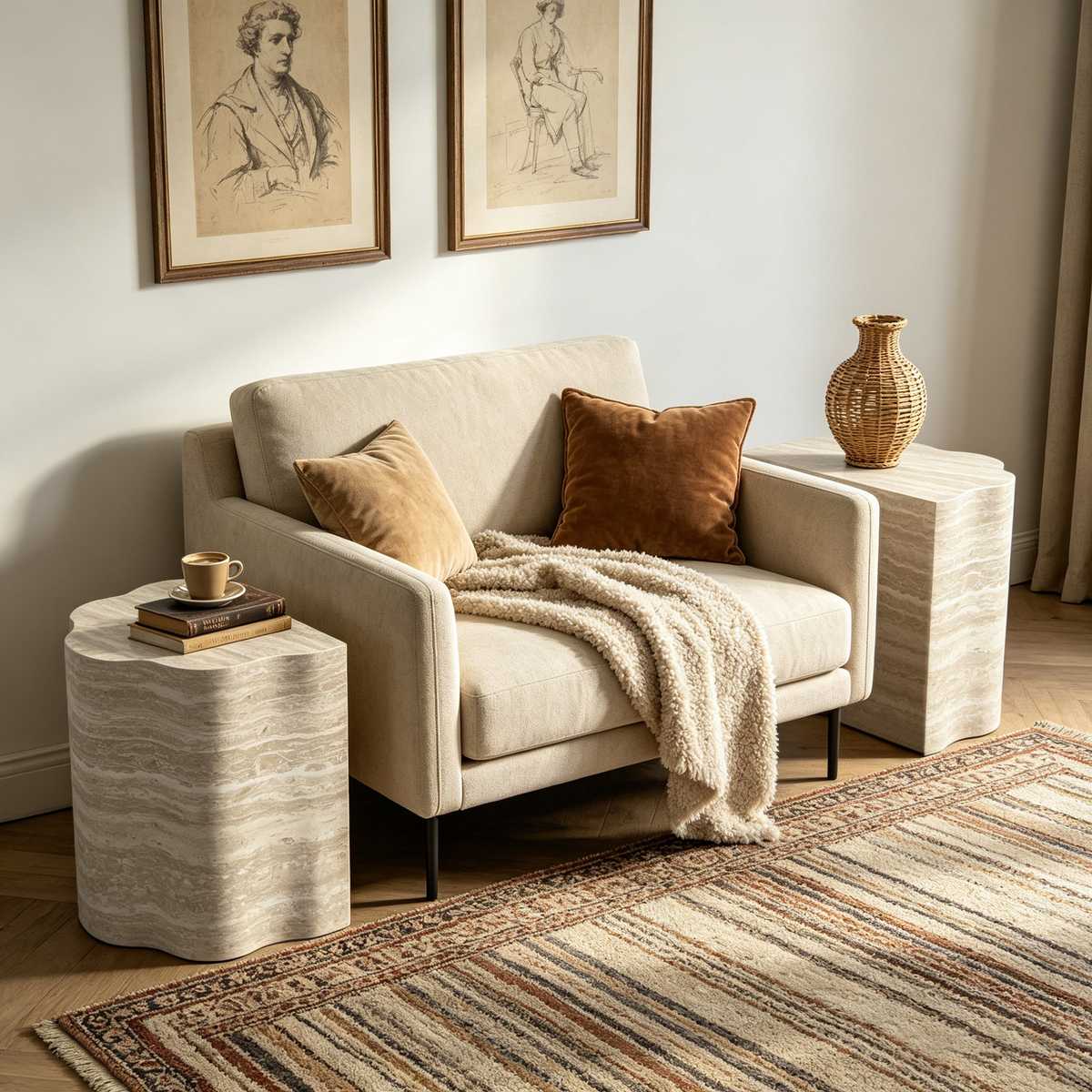 Living room with beige sofa, framed artwork, textured side table with a vase, books, and a cozy blanket