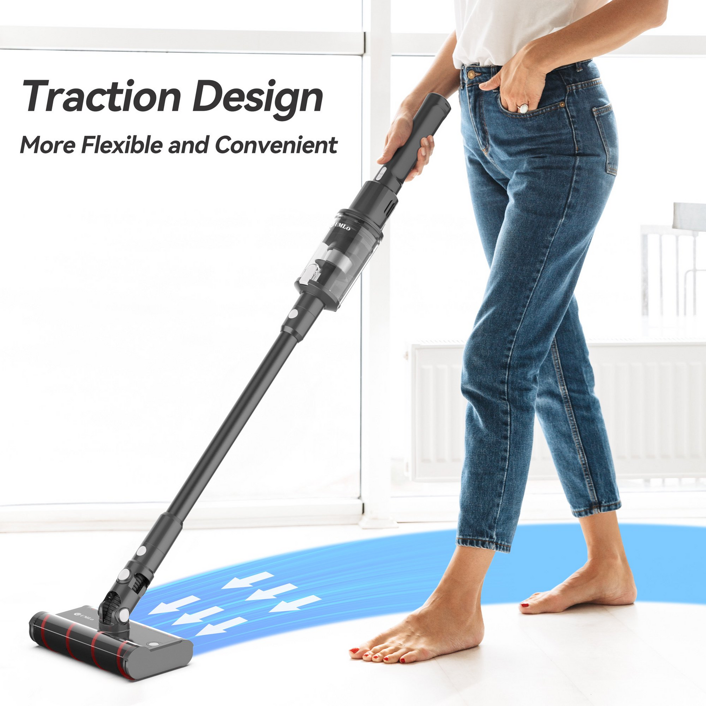 V101 Gray Cordless Vacuum Cleaner 22Kpa Powerful Suction with traction design for smooth, flexible movement across various floor types.