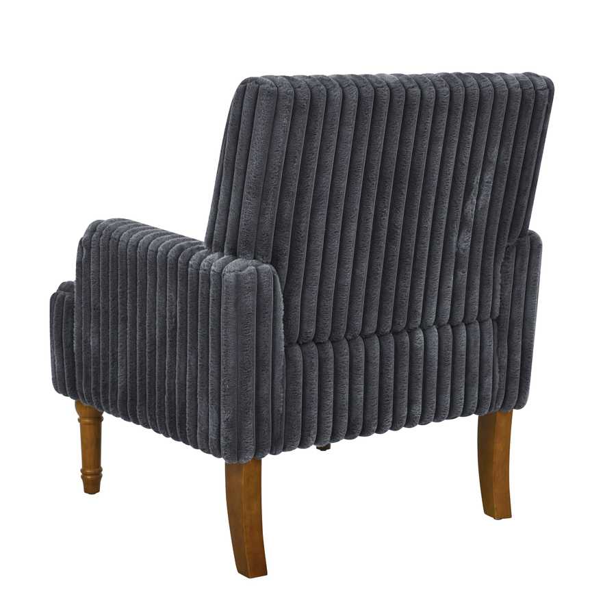 Gray ribbed armchair with wooden legs on a white background