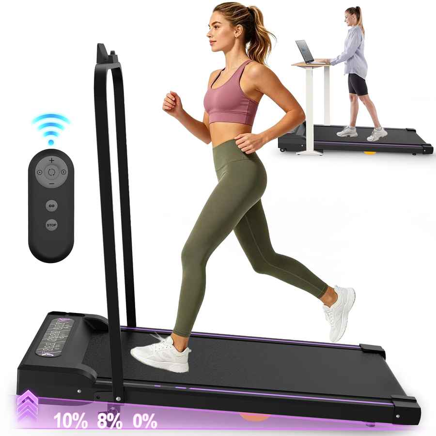 Black portable under-desk treadmill with LED display, remote control, and running belt, suitable for home office use