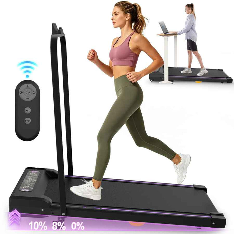 Black portable under-desk treadmill with LED display, remote control, and running belt, suitable for home office use