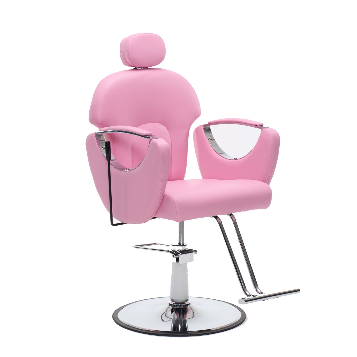 A pink salon barber chair with a padded headrest, armrests, and chrome metal legs and base on a white background.